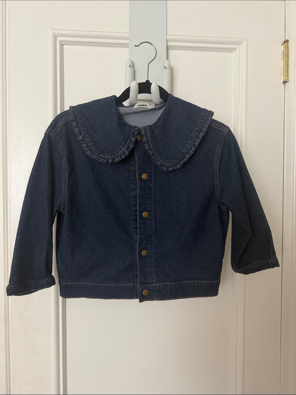 Manon Baptiste Dark Blue Denim Jacket with Ruffled Peter Pan Collar